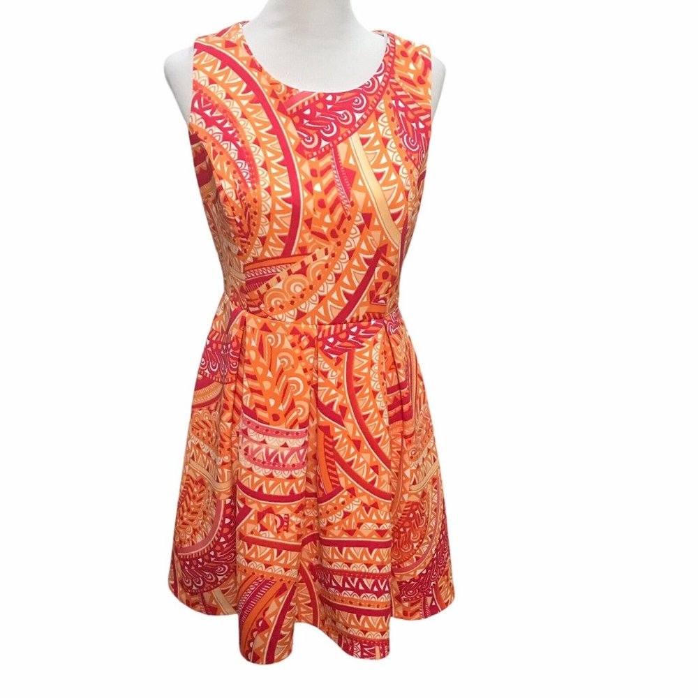 Sandra Darren Womens Sleeveless Fit & Flare Dress Orange Pink & White Sz 10